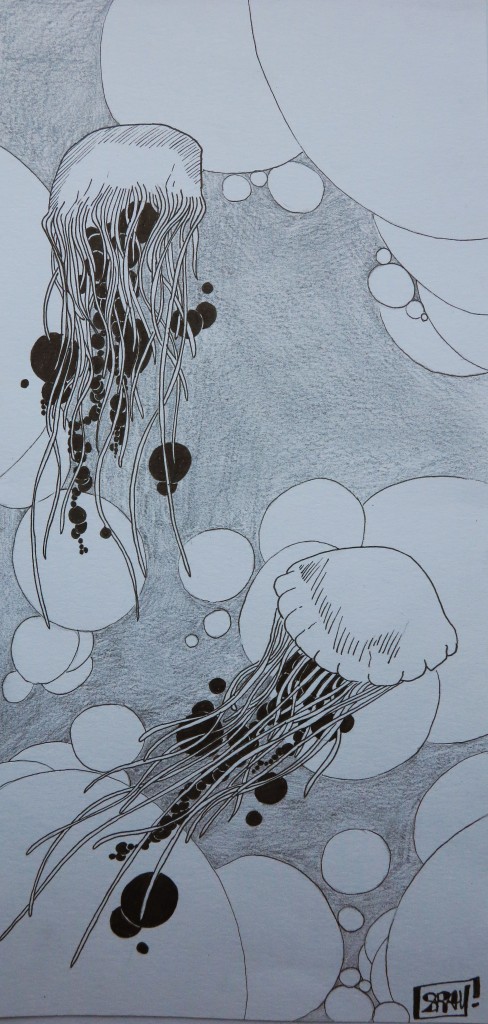 Méduse, dessin au feutre, 14x30 cm.